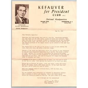 1952 Kefauver for President Campaign Letter & Envelope Washington DC Estes